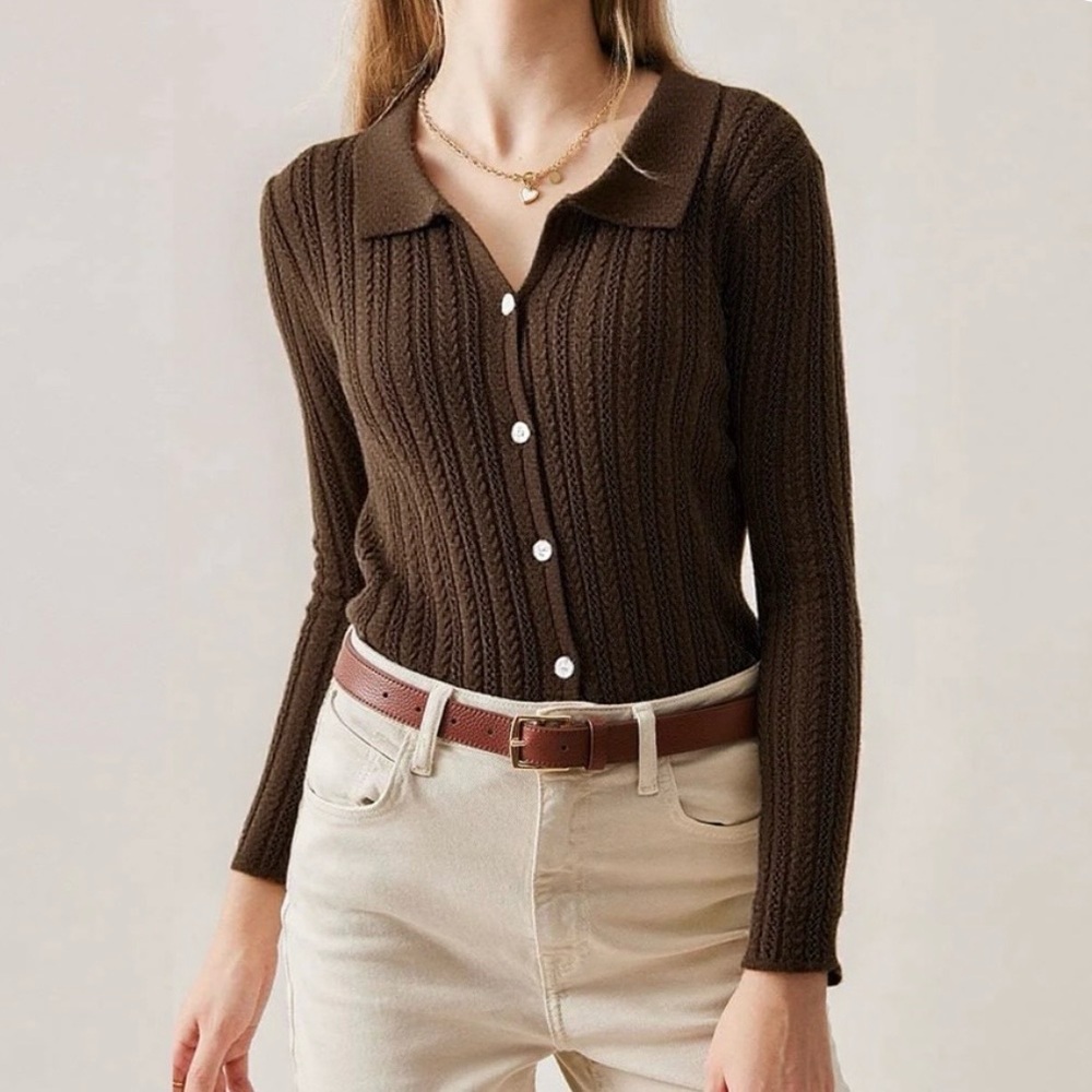 RIHOAS Coffee Ribbed Knit Slim Cardigan